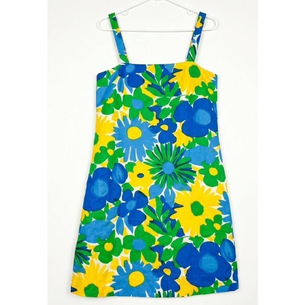 J.crew womens size 8 square neck dress yellow green linen sundress